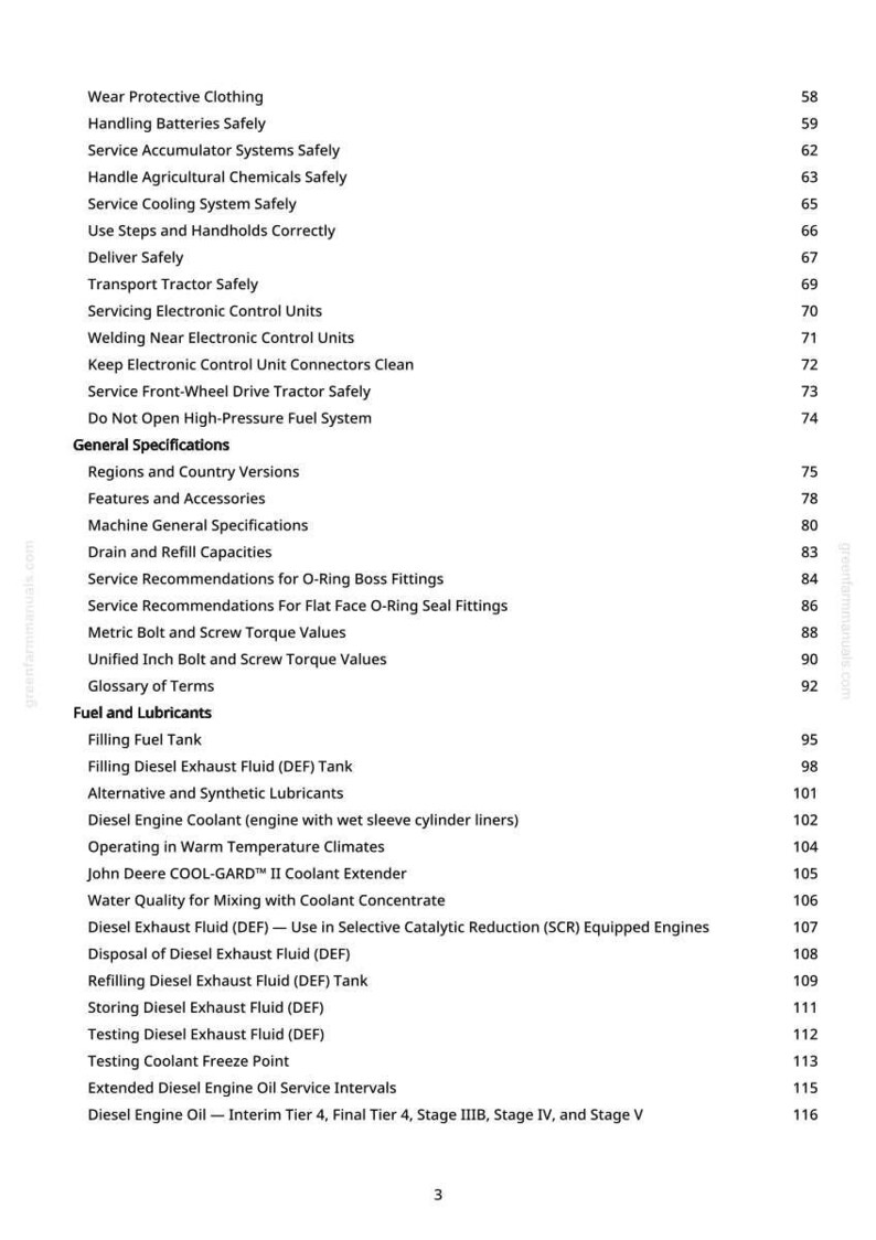 May include: A page from a manual with a table of contents. Topics include safety, fuel, and lubricants. The text is black on a white background, with page numbers on the right.