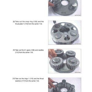 May include: A page from a technical manual showing close-up images of mechanical components. The images depict various gears, rings, and washers, with the number "9111" visible on some parts. Text accompanies each image, providing instructions for disassembly.