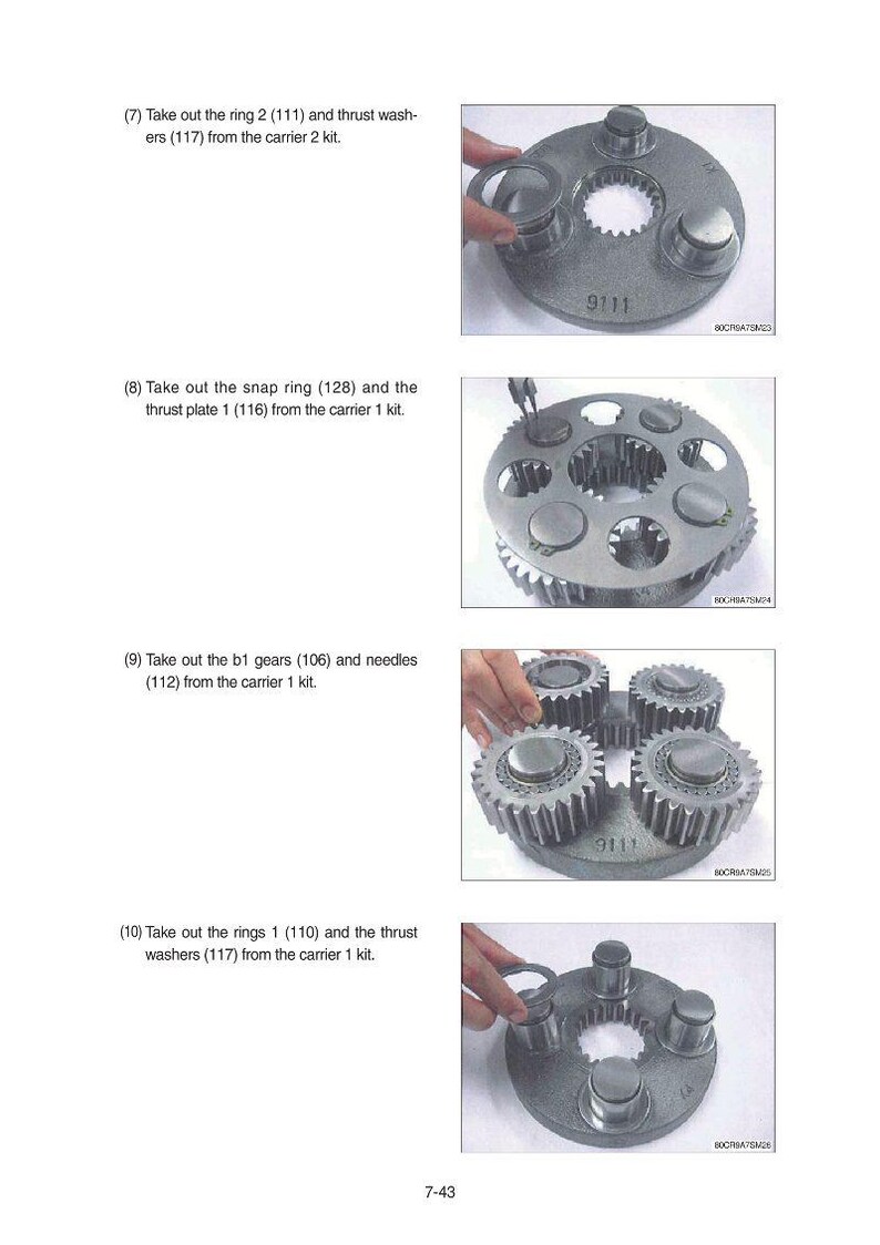May include: A page from a technical manual showing close-up images of mechanical components. The images depict various gears, rings, and washers, with the number "9111" visible on some parts. Text accompanies each image, providing instructions for disassembly.