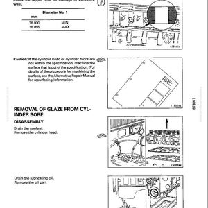May include: An automotive repair manual page with diagrams and text detailing disassembly and assembly procedures for a cylinder block. Includes measurements in millimeters, and instructions for removing glaze from the cylinder bore.