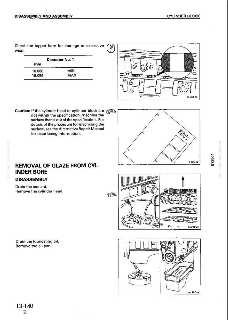 May include: An automotive repair manual page with diagrams and text detailing disassembly and assembly procedures for a cylinder block. Includes measurements in millimeters, and instructions for removing glaze from the cylinder bore.