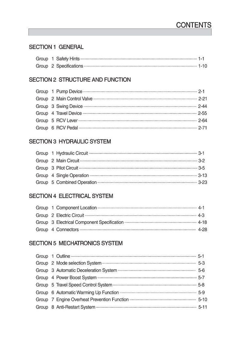 Pode incluir: Uma tabela de conte&uacute;do detalhada de um manual, com t&iacute;tulos e subt&iacute;tulos em texto preto sobre um fundo branco. As se&ccedil;&otilde;es incluem Geral, Estrutura e Fun&ccedil;&atilde;o, Sistema Hidr&aacute;ulico, Sistema El&eacute;trico e Sistema Mecatr&ocirc;nico. Os n&uacute;meros das p&aacute;ginas s&atilde;o listados &agrave; direita.