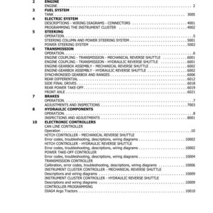 May include: A manual page titled 'TABLE OF CONTENTS' detailing sections and page numbers. Sections include Engine, Fuel System, Electric System, Steering, Transmission, Brakes, Hydraulic Components, and Electronic Controllers.