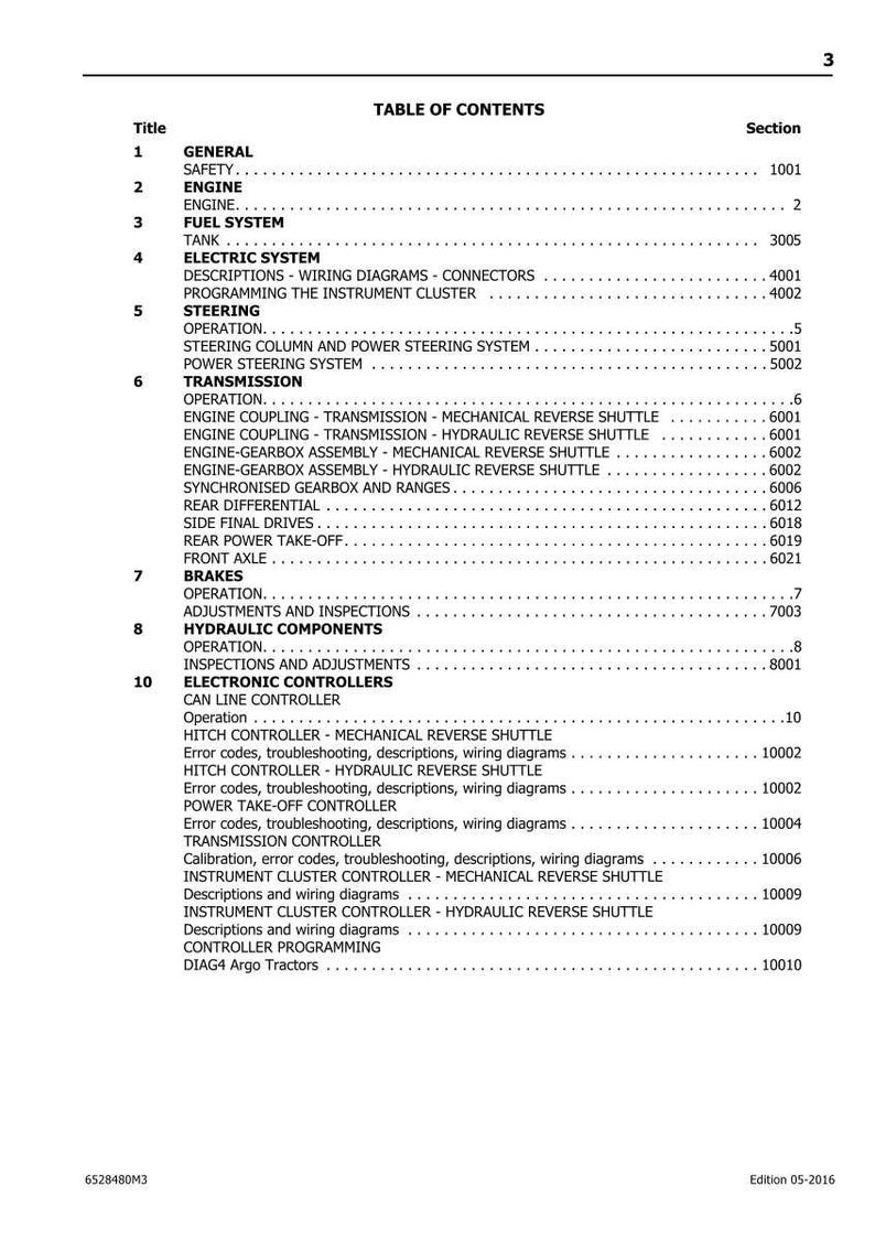 May include: A manual page titled 'TABLE OF CONTENTS' detailing sections and page numbers. Sections include Engine, Fuel System, Electric System, Steering, Transmission, Brakes, Hydraulic Components, and Electronic Controllers.