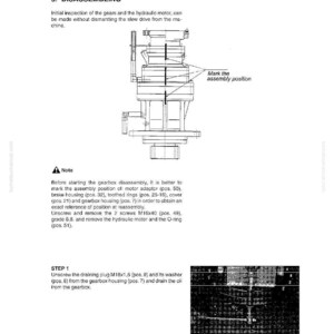 May include: Diagram of swing machinery disassembly and assembly instructions. The image includes a detailed illustration of the machinery components, with labels and arrows indicating specific parts and steps. Text includes "Mark the assembly position."