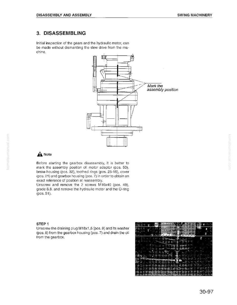 May include: Diagram of swing machinery disassembly and assembly instructions. The image includes a detailed illustration of the machinery components, with labels and arrows indicating specific parts and steps. Text includes "Mark the assembly position."