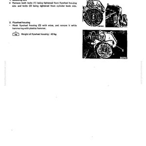 May include: Page from a manual detailing the disassembly and assembly of a flywheel housing. Includes diagrams of the flywheel housing and instructions for removing bolts and the housing itself. The weight of the housing is 43 kg.