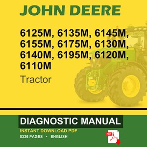May include: A green and yellow John Deere tractor is featured in this image. The text includes tractor model numbers and the words "Tractor" and "Diagnostic Manual". The manual is an instant download PDF.