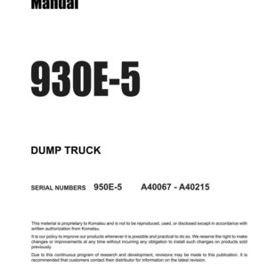 May include: A white page with the text "Shop Manual" and "930E-5" in bold black font. Below, it reads "DUMP TRUCK". The Komatsu logo is at the bottom, with copyright information.