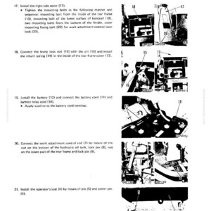 K&ouml;nnte beinhalten: Ein Schwarz-Wei&szlig;-Diagramm aus einem Handbuch, das die Montage und Demontage eines Lenkmechanismus detailliert. Das Diagramm enth&auml;lt nummerierte Teile und Anweisungen mit Text wie "Installieren Sie die rechte Seitenabdeckung (17)."