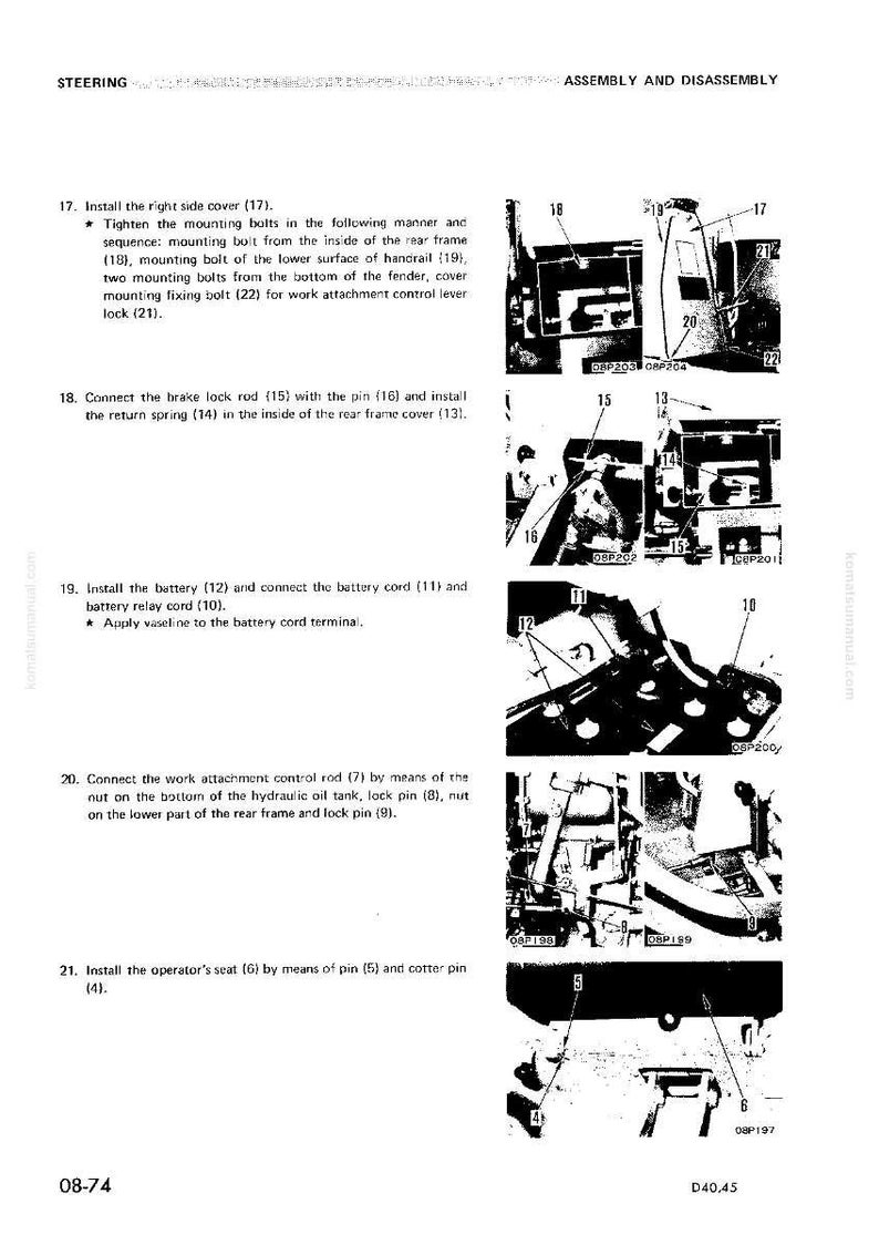 K&ouml;nnte beinhalten: Ein Schwarz-Wei&szlig;-Diagramm aus einem Handbuch, das die Montage und Demontage eines Lenkmechanismus detailliert. Das Diagramm enth&auml;lt nummerierte Teile und Anweisungen mit Text wie "Installieren Sie die rechte Seitenabdeckung (17)."
