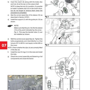 May include: Diagram showing tractor assembly removal and refitting instructions. Includes detailed illustrations of components such as bearings, clutch, brake disc, and guide pins. Text instructions are provided with numbered steps and notes for assembly.