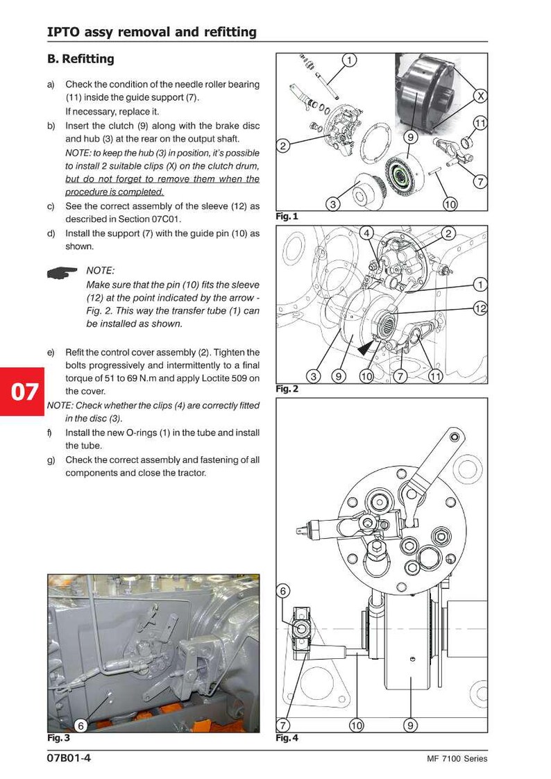 May include: Diagram showing tractor assembly removal and refitting instructions. Includes detailed illustrations of components such as bearings, clutch, brake disc, and guide pins. Text instructions are provided with numbered steps and notes for assembly.