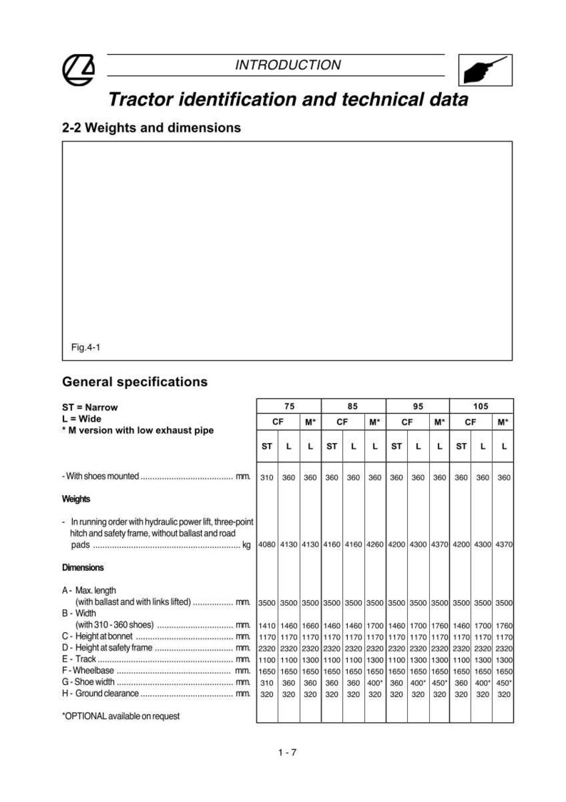 Op de afbeelding: Technisch document met tractoridentificatie en technische gegevens. Tabellen met specificaties, gewichten in kg en afmetingen in mm voor de modellen 75, 85, 95 en 105. Bevat afmetingen en gewichtsgegevens.