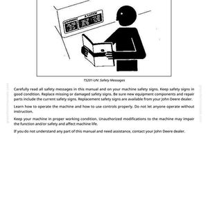May include: Black and white illustration from a manual titled "Follow Safety Instructions." The image shows a silhouetted figure reading a manual next to a machine with warning labels. The text "TS201-UN: Safety Messages" is also present.