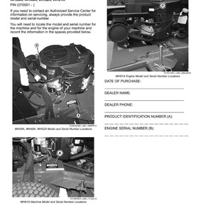 May include: Product identification guide with images of engine components and machine parts. Includes text for model and serial number locations, with spaces to record the information. The document is in black and white.
