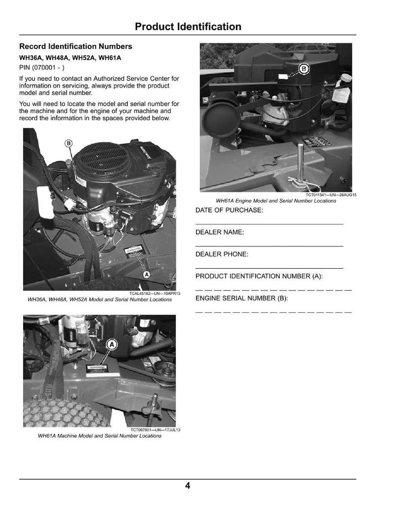 May include: Product identification guide with images of engine components and machine parts. Includes text for model and serial number locations, with spaces to record the information. The document is in black and white.