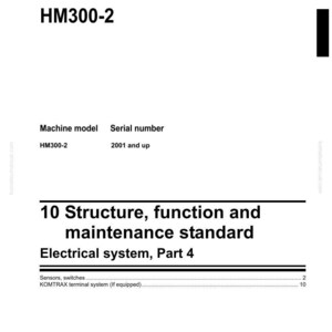 K&ouml;nnte beinhalten: Eine Werkstatthandbuchseite f&uuml;r einen knickgelenkten Muldenkipper, Modell HM300-2. Das Dokument enth&auml;lt Abschnitte zu Struktur, Funktion und Wartungsstandards, insbesondere zum elektrischen System, Teil 4. Das Komatsu-Handbuch listet auch Sensoren und Schalter auf.