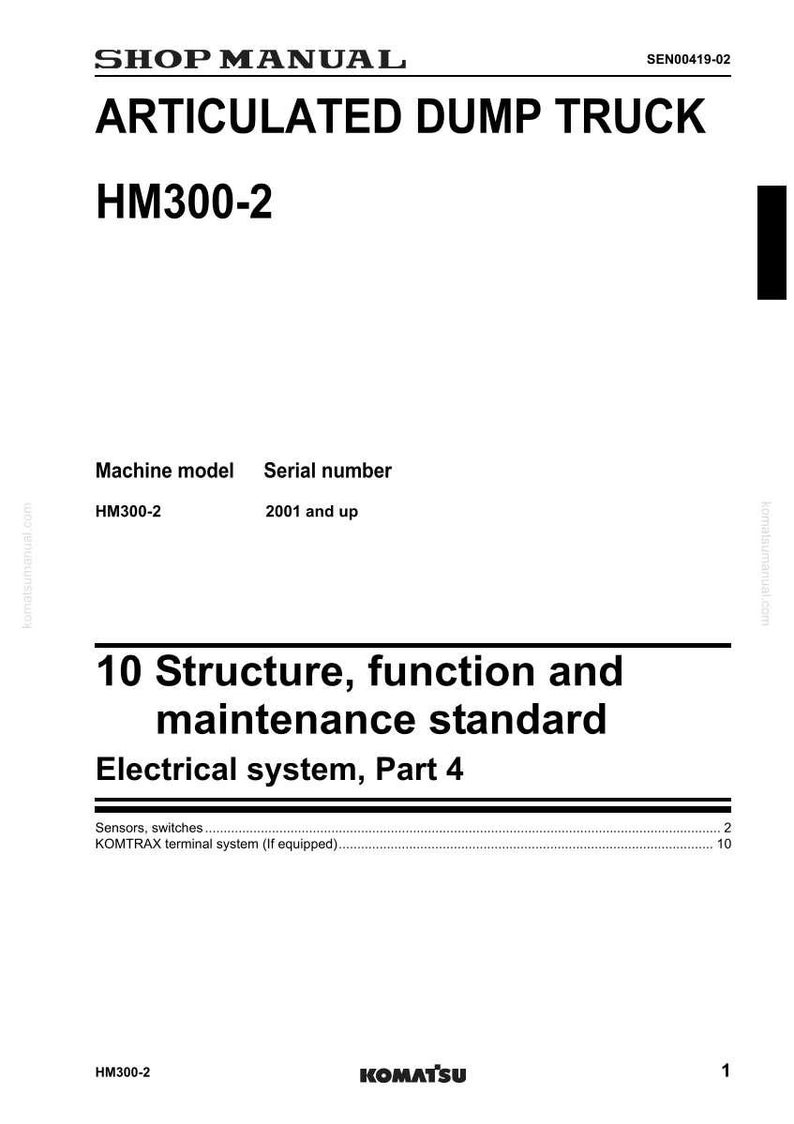 K&ouml;nnte beinhalten: Eine Werkstatthandbuchseite f&uuml;r einen knickgelenkten Muldenkipper, Modell HM300-2. Das Dokument enth&auml;lt Abschnitte zu Struktur, Funktion und Wartungsstandards, insbesondere zum elektrischen System, Teil 4. Das Komatsu-Handbuch listet auch Sensoren und Schalter auf.