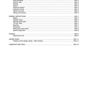 Pu&ograve; includere: Una pagina di manuale intitolata "SEZIONE 1001" con un indice che elenca note di sicurezza, istruzioni generali, simboli, segnali di pericolo e lubrificanti e carburanti. Il documento include numeri di pagina e una data di edizione.