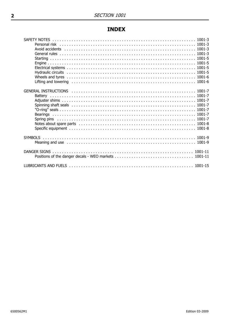 Pu&ograve; includere: Una pagina di manuale intitolata "SEZIONE 1001" con un indice che elenca note di sicurezza, istruzioni generali, simboli, segnali di pericolo e lubrificanti e carburanti. Il documento include numeri di pagina e una data di edizione.