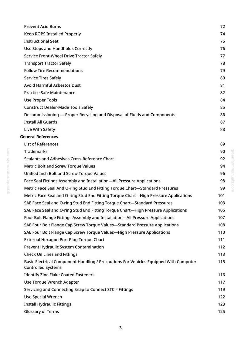 May include: A manual page detailing safety and maintenance procedures, such as "Prevent Acid Burns" and "Service Tires Safely." The text is black on white, with page numbers and a website address. Measurements are not applicable.