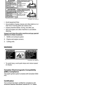 May include: A white page with safety labels and text. The labels include warnings about equipment fires, machine inspection, and avoiding injury on slopes. The text provides instructions and safety certifications.