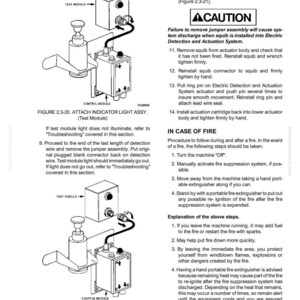 May include: Diagram of a control module with attached test module, labeled "ATTACH INDICATOR LIGHT ASSY." and "REMOVE TEST MODULE." Includes safety instructions and fire safety procedures. Black and white technical illustration.