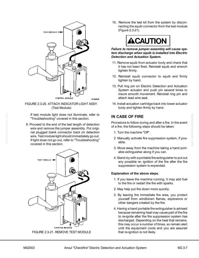 May include: Diagram of a control module with attached test module, labeled "ATTACH INDICATOR LIGHT ASSY." and "REMOVE TEST MODULE." Includes safety instructions and fire safety procedures. Black and white technical illustration.