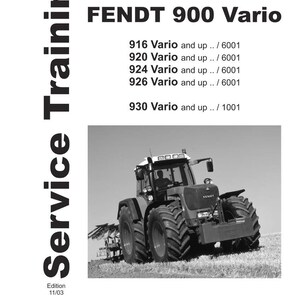 May include: Black and white image of a Fendt 900 Vario tractor on a grassy field. The image is from a service training manual. The text on the manual reads "Basic training EK 900 Vario" and lists several models.