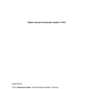 Puede incluir: Manual de reparaci&oacute;n blanco para cargadores telesc&oacute;picos T 4512. El logotipo de Weidemann est&aacute; en la parte superior izquierda. El texto incluye el t&iacute;tulo, la informaci&oacute;n de copyright y los detalles del modelo.