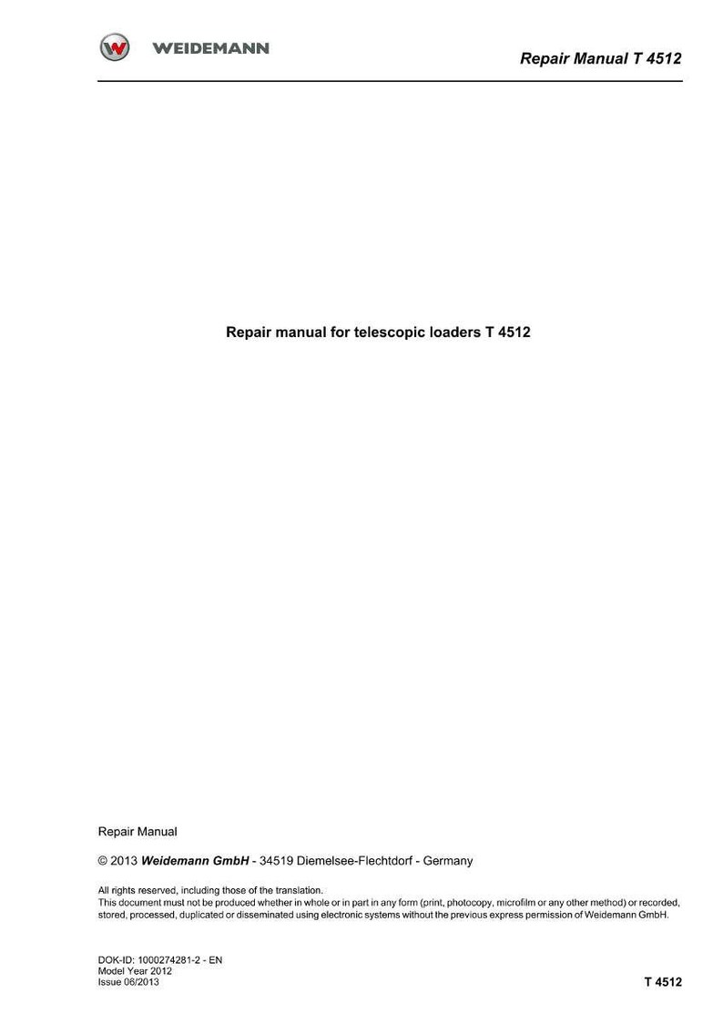 Puede incluir: Manual de reparaci&oacute;n blanco para cargadores telesc&oacute;picos T 4512. El logotipo de Weidemann est&aacute; en la parte superior izquierda. El texto incluye el t&iacute;tulo, la informaci&oacute;n de copyright y los detalles del modelo.