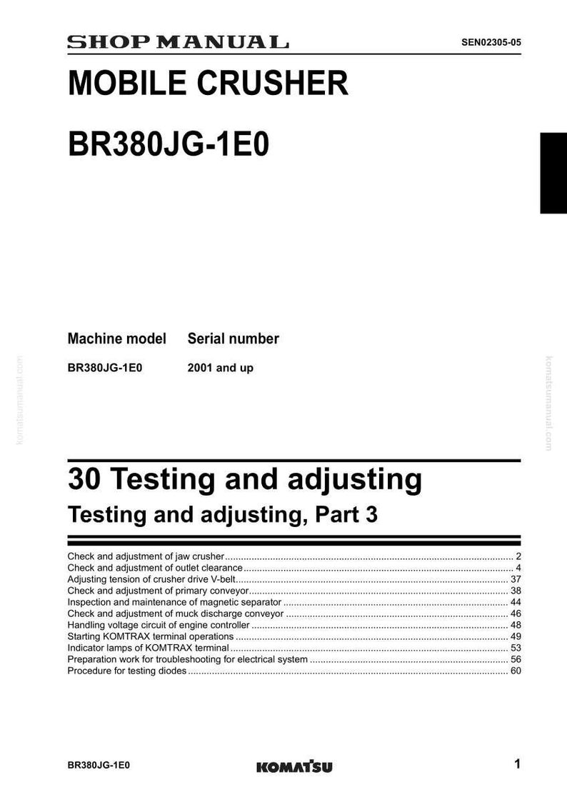May include: Shop manual for a mobile crusher, model BR380JG-1E0. The document includes sections on testing and adjusting, with details on jaw crushers, outlet clearance, and conveyor systems. Serial numbers start from 2001 and up.