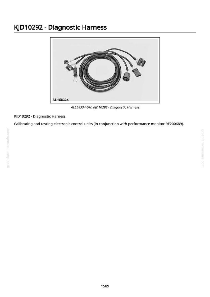 Pode incluir: Um chicote de diagn&oacute;stico preto, KJD10292, com m&uacute;ltiplos conectores e uma disposi&ccedil;&atilde;o circular de cabos. A imagem inclui o texto "Diagnostic Harness" e "AL158334". &Eacute; usado para calibrar e testar unidades de controle eletr&ocirc;nico.