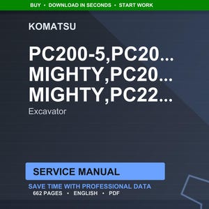 Może przedstawiać: Ciemnoniebieski dokument cyfrowy z nazwą marki Komatsu i numerami modeli koparek PC200-5, PC20 i PC22. Wyświetlany jest tekst "Service Manual", wraz ze szczeg&oacute;łami dotyczącymi zawartości i formatu dokumentu.