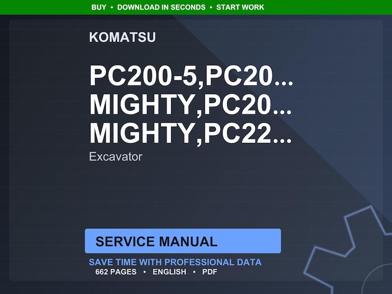 Może przedstawiać: Ciemnoniebieski dokument cyfrowy z nazwą marki Komatsu i numerami modeli koparek PC200-5, PC20 i PC22. Wyświetlany jest tekst "Service Manual", wraz ze szczeg&oacute;łami dotyczącymi zawartości i formatu dokumentu.