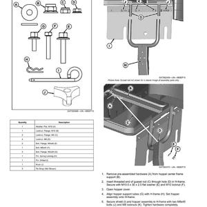 May include: An assembly diagram with labeled parts, including bolts, nuts, and a hopper. The diagram provides instructions for assembling the hopper and shield, with detailed steps and illustrations. The image includes a parts list with quantities and descriptions.