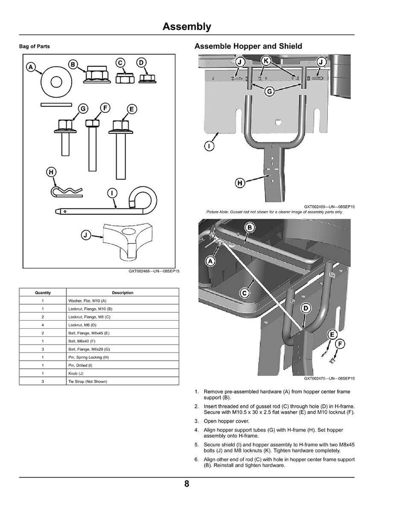 May include: An assembly diagram with labeled parts, including bolts, nuts, and a hopper. The diagram provides instructions for assembling the hopper and shield, with detailed steps and illustrations. The image includes a parts list with quantities and descriptions.