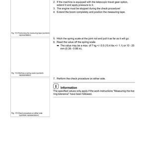 Puede incluir: Una p&aacute;gina de un manual de mantenimiento que detalla c&oacute;mo medir la tolerancia del anillo en vivo. El texto incluye pasos numerados, diagramas y especificaciones en unidades m&eacute;tricas, como 7 kg +/-0,5 o 10-25 mm (0,39-0,98 pulgadas).