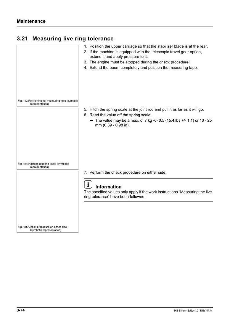 Puede incluir: Una p&aacute;gina de un manual de mantenimiento que detalla c&oacute;mo medir la tolerancia del anillo en vivo. El texto incluye pasos numerados, diagramas y especificaciones en unidades m&eacute;tricas, como 7 kg +/-0,5 o 10-25 mm (0,39-0,98 pulgadas).