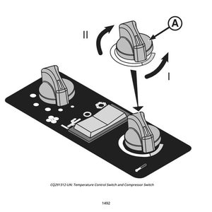 Puede incluir: Ilustraci&oacute;n isom&eacute;trica de un interruptor de control de temperatura y un interruptor de compresor. La imagen muestra tres perillas, un interruptor y flechas direccionales. El texto "CQ291312-UN: Temperature Control Switch and Compressor Switch" est&aacute; en la parte inferior.