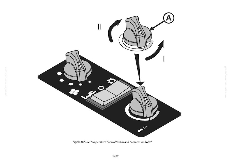Puede incluir: Ilustraci&oacute;n isom&eacute;trica de un interruptor de control de temperatura y un interruptor de compresor. La imagen muestra tres perillas, un interruptor y flechas direccionales. El texto "CQ291312-UN: Temperature Control Switch and Compressor Switch" est&aacute; en la parte inferior.