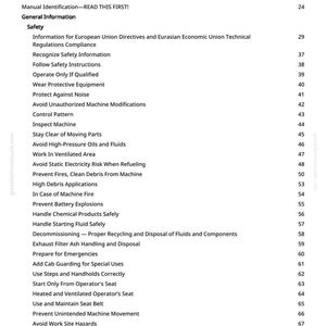 May include: A white page from a manual with a table of contents. The title "Table of Contents" is at the top, followed by sections like "Safety" and various safety-related topics. Page numbers are on the right.
