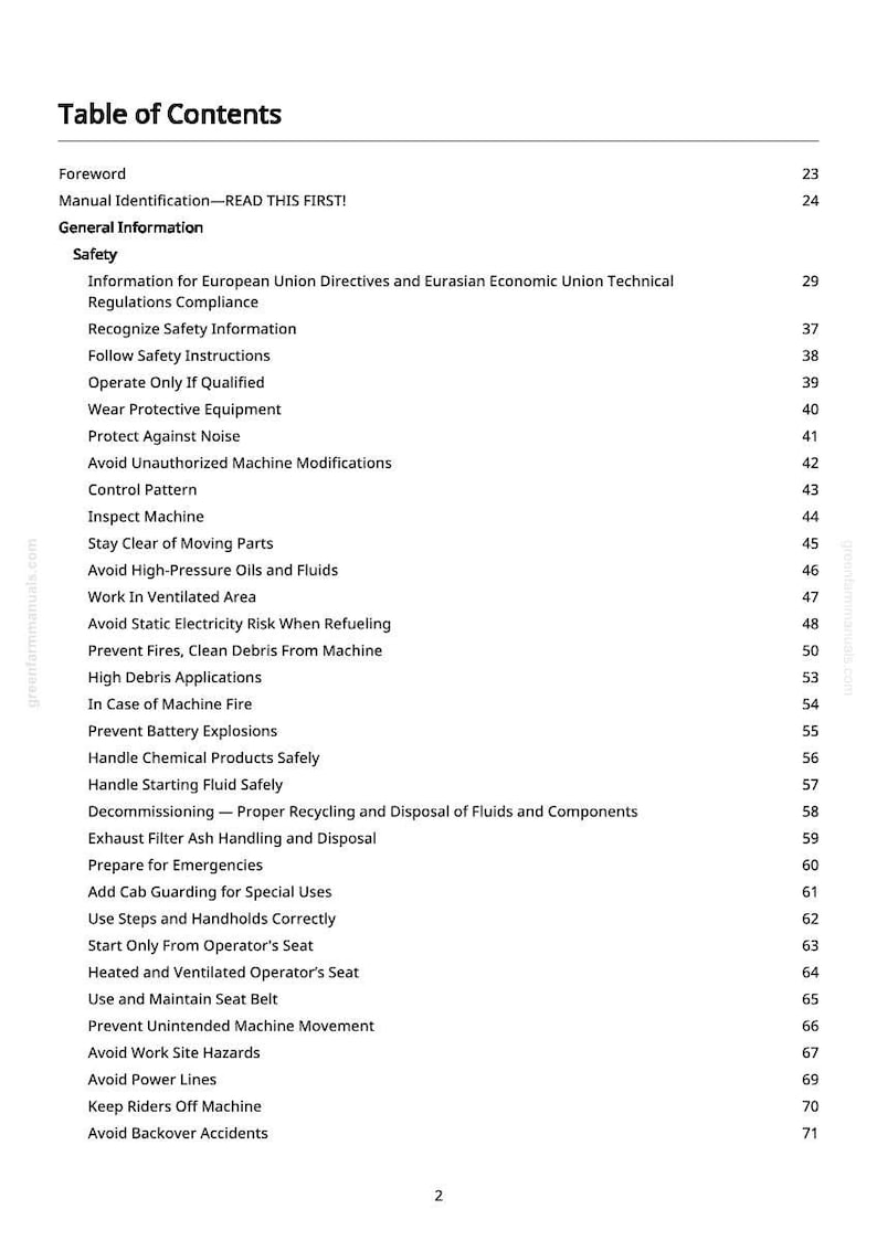 May include: A white page from a manual with a table of contents. The title "Table of Contents" is at the top, followed by sections like "Safety" and various safety-related topics. Page numbers are on the right.