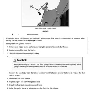 May include: Diagram illustrating the adjustment of a carrier frame height. The image shows a mechanical component with a handle labeled "A" and the text "E93436-UN: Float Spring Handle". Instructions and a caution are also included.