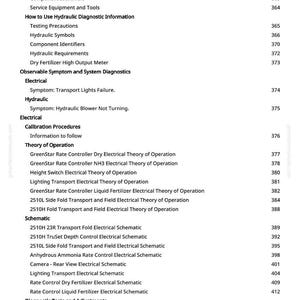 May include: A white page with a detailed table of contents for a diagnostic manual. The text includes topics like electrical diagnostics, hydraulic information, and schematics, with page numbers listed on the right.