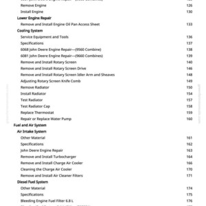 May include: A page from a manual with a table of contents for engine repair. The text includes sections on cooling, fuel, and air systems, with specific repair instructions for John Deere engines.