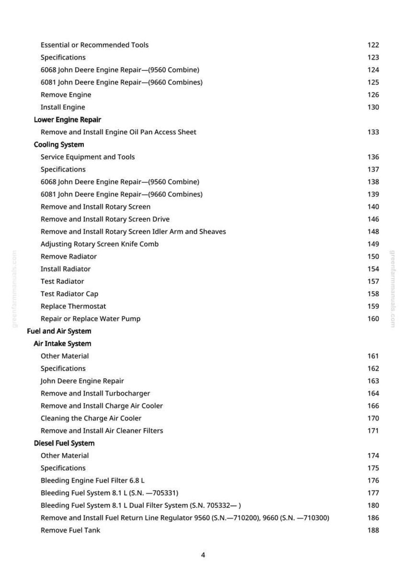 May include: A page from a manual with a table of contents for engine repair. The text includes sections on cooling, fuel, and air systems, with specific repair instructions for John Deere engines.