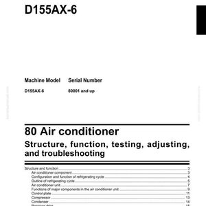Op de afbeelding: Werkplaatshandboek voor een D155AX-6 Bulldozer. De handleiding bevat informatie over de airconditioner, inclusief structuur, functie, testen, afstellen en probleemoplossing. Het Komatsu-logo staat onderaan.