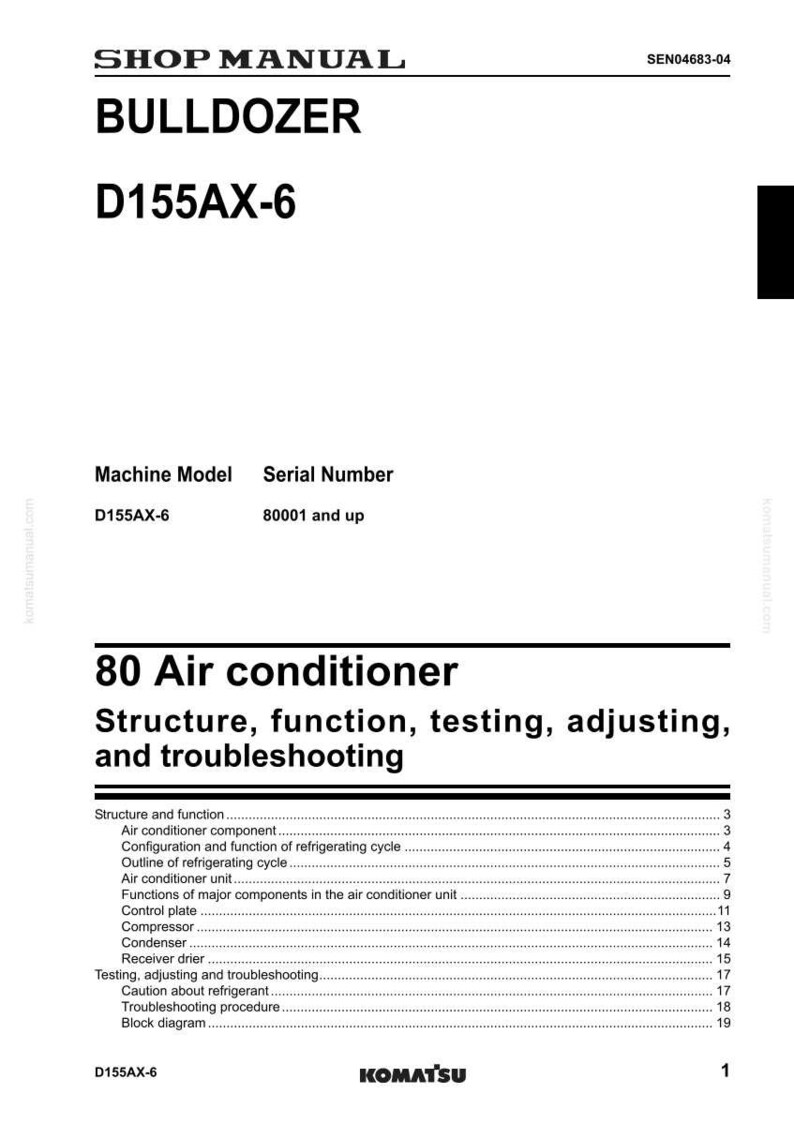 Op de afbeelding: Werkplaatshandboek voor een D155AX-6 Bulldozer. De handleiding bevat informatie over de airconditioner, inclusief structuur, functie, testen, afstellen en probleemoplossing. Het Komatsu-logo staat onderaan.